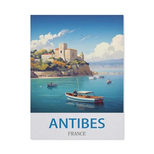 Puzzles 1000 Stück Holz Montage Bild，Antibes, Frankreich – Vintage Reiseplakat，Erwachsene Spiele Lernspielzeug（75x50cm）-CX41 von YYHMKBYY