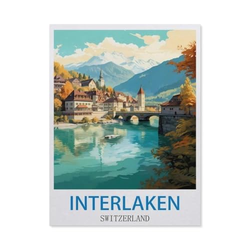 Puzzles 1000 Stück Holz Montage Bild，Interlaken, Schweiz，Filmplakat Für Erwachsene Spiele Lernspielzeug（75x50cm）-CK96 von YYHMKBYY