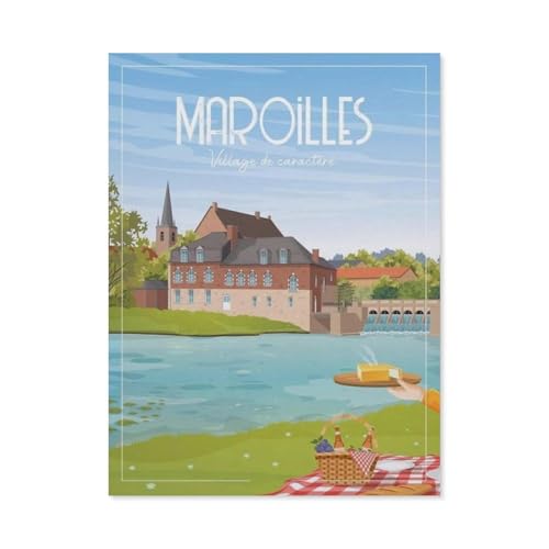 Puzzles 1000 Stück Holz Montage Bild，Maroilles Frankreich Vintage Reiseposter，Filmplakat Für Erwachsene Spiele Lernspielzeug（75x50cm）-BM75 von YYHMKBYY