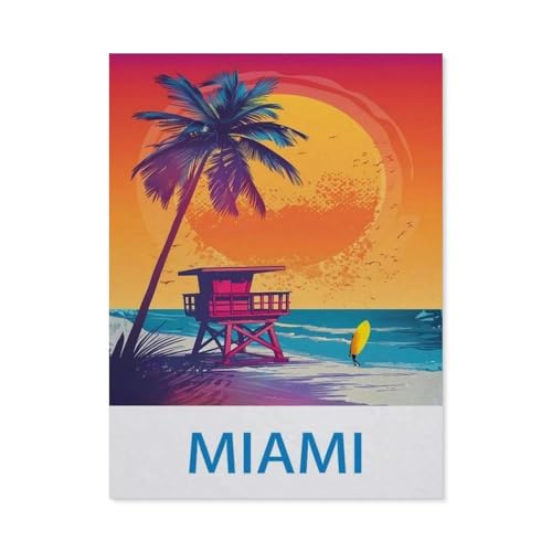 Puzzles 1000 Stück Holz Montage Bild，Miami, Florida – Vintage Reiseplakat für Surfen，Erwachsene Spiele Lernspielzeug（75x50cm）-CJ48 von YYHMKBYY