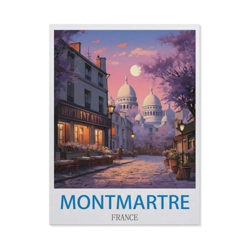 Puzzles 1000 Stück Holz Montage Bild，Montmartre, Frankreich – Vintage Reiseplakat，Filmplakat Für Erwachsene Spiele Lernspielzeug（75x50cm）-CX43 von YYHMKBYY