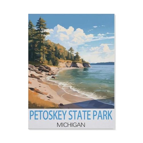 Puzzles 1000 Stück Holz Montage Bild，Petoskey State Park Michigan Vintage-Reiseposter，Erwachsene Spiele Lernspielzeug（75x50cm）-AI66 von YYHMKBYY