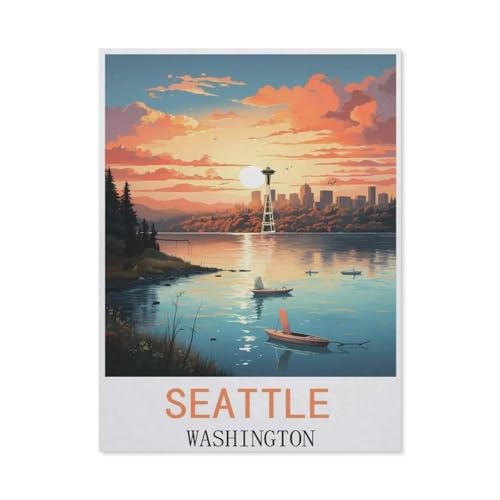 Puzzles 1000 Stück Holz Montage Bild，Seattle Washington Vintage-Reiseplakate，Erwachsene Spiele Lernspielzeug（75x50cm）-CP35 von YYHMKBYY