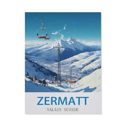 Puzzles 1000 Stück Holz Montage Bild，Zermatt, Wallis, Schweiz – Skireiseschilder，Erwachsene Spiele Lernspielzeug（75x50cm）-CV22 von YYHMKBYY