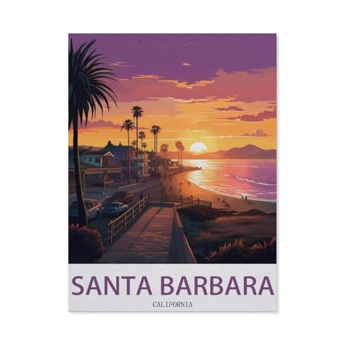 Santa Barbara, Kalifornien – Vintage Reiseplakat (Sonnenuntergang)，Puzzle 1000 Teile Holz Puzzle Geeignet Für Erwachsene Kinder Familien Stressabbau Puzzlespiele（75x50cm）-CX26 von YYHMKBYY