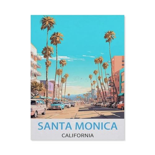 Santa Monica, Kalifornien – Vintage Reiseplakate (Autos)，Puzzle 1000 Teile Holz Puzzle Erwachsene Kinder Lernspielzeug Familie Dekompressionsspiel（75x50cm）-CX23 von YYHMKBYY
