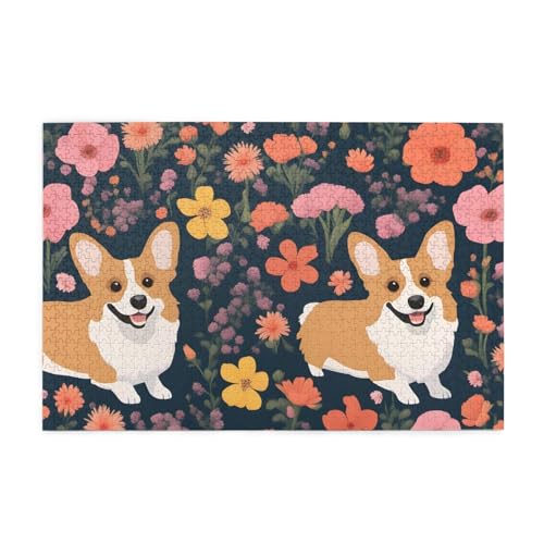Puzzles1000 Teile Yyhwhjde Corgi Blumendrucke, pädagogische intellektuelle Holzpuzzles, lustige Puzzles, Stressabbau-Spiel von YYHWHJDE