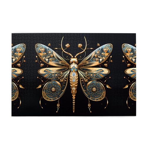 Puzzles1000 Teile Yyhwhjde Goldene zarte Libelle auf schwarzem Hintergrund, Drucke, hochwertiges Holzpuzzle für Erwachsene und Kinder, lustige Puzzles, stressabbauende Puzzles von YYHWHJDE