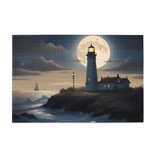 Puzzles1000 Teile Yyhwhjde Mondlicht Leuchtturm Drucke Pädagogische Intellektuelle Holzpuzzles Lustige Puzzles Stressabbau Spiel von YYHWHJDE