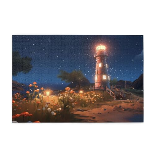 Puzzles1000 Teile Yyhwhjde Seestern Leuchtturm Strand Muster Qualität Holzpuzzle für Erwachsene und Kinder, lustige Puzzles, Stressabbau Puzzles von YYHWHJDE