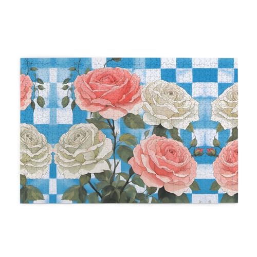 Puzzles1000 Teile Yyhwhjde karierter Hintergrund Rosen Muster Qualität Holzpuzzle für Erwachsene und Kinder, lustige Puzzles, Stressabbau Puzzles von YYHWHJDE