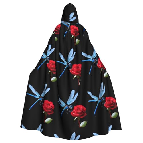 YYHWHJDE Dragonfly Kisses Rose Pattern Halloween Erwachsene Kapuzenumhang Umhang für Rollenspiele, Bühnenkostüme, Partys, pflegeleicht von YYHWHJDE