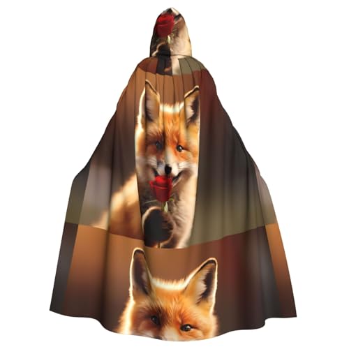 YYHWHJDE Fox Holding Rose Pattern Halloween Erwachsene Kapuzenumhang Umhang für Rollenspiele, Bühnenkostüme, Partys, pflegeleicht von YYHWHJDE