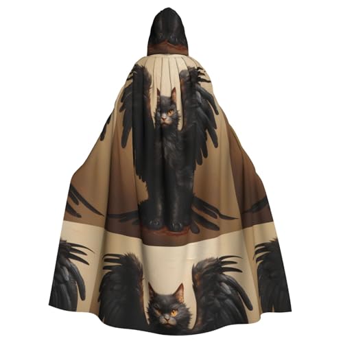 YYHWHJDE Halloween-Umhang mit Flügelkatzenmuster, mit Kapuze, ohne Reißverschluss, bequem für Kostümpartys von YYHWHJDE