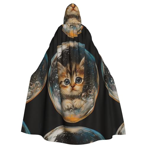 YYHWHJDE Halloween-Umhang mit Kapuze für Erwachsene, Motiv: Kätzchen im Blasen-Design, für Rollenspiele, Bühnenkostüme, Partys, pflegeleicht von YYHWHJDE