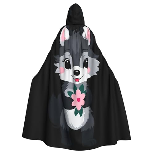 YYHWHJDE Kleiner grauer Wolf, der ein kleines rosa Blumenbild hält, Halloween-Umhang für Erwachsene, Kapuzenumhang ohne Reißverschluss, bequem für Kostümpartys von YYHWHJDE