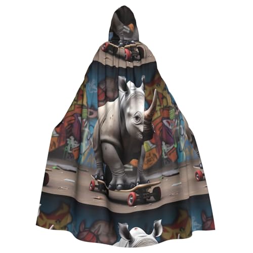 YYHWHJDE Rhino On Skateboard-Muster, Halloween-Umhang mit Kapuze, für Erwachsene, für Rollenspiele, Bühnenkostüme, Partys, pflegeleicht von YYHWHJDE