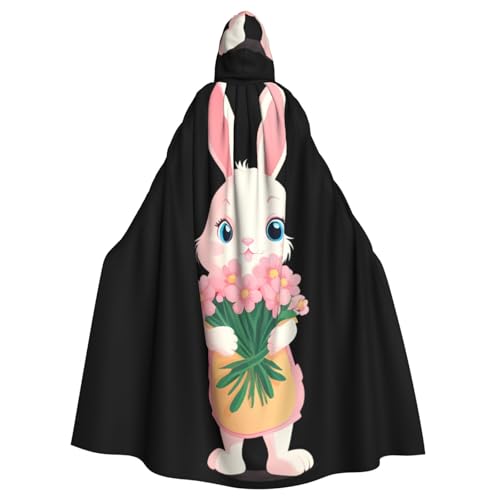 YYHWHJDE Rosafarbenes kleines Kaninchen mit Blumenbild, Halloween, Erwachsenen-Kapuzenumhang ohne Reißverschluss, bequem für Kostümpartys von YYHWHJDE