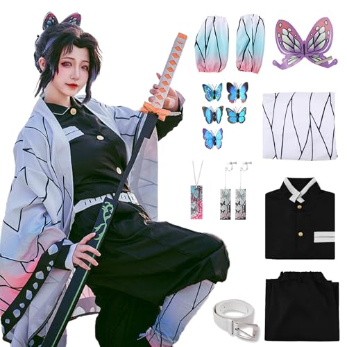YYKULKEY 8-teiliges Halloween-Kostüm-Set für Damen und Erwachsene, japanisches Kimono-Outfit mit Schmetterlingsnadel, Umhang, Halskette und Ohrringen (Weiß, M) von YYKULKEY