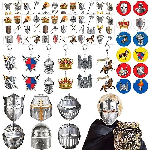 48 Stück mittelalterliche Ritter Partygeschenke, Dekorationen, Zubehör, mittelalterliches Thema, Ritterhelm, Papiermasken, Anstecknadeln, Schlüsselanhänger, Tattoos von YYMYMGJ