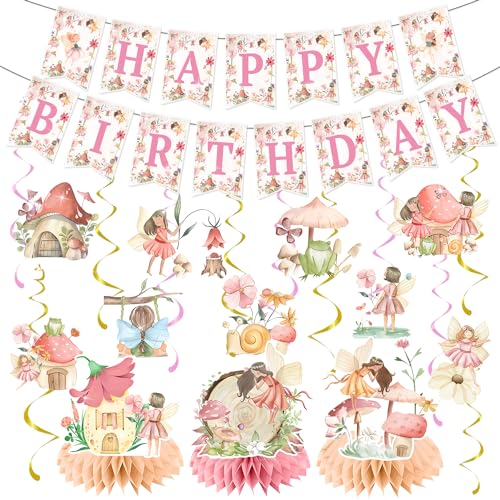 Vormontierte Feen-Geburtstagsdekorationen, My Fairy First Birthday Dekorationen, Blumenfee, Party-Banner, Feen, Ausschnitte, hängende Wirbel, Waben-Mittelstücke für Feenparty, Zubehör, Babyparty von YYMYMGJ