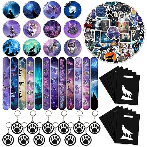 Wolf Party Favors 98 Stück Galaxy Wolf Thema Geburtstag Party Supplies with Slap Armbänder, Aufkleber, Key Chains, Pin Badges and Gift Bags for Kids Boys Girls Wolf Birthday Party Decorations Supplies von YYMYMGJ