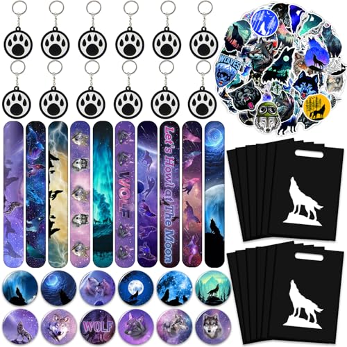 Wolf Party Favors 98 Stück Galaxy Wolf Thema Geburtstag Party Supplies with Slap Armbänder, Aufkleber, Key Chains, Pin Badges and Gift Bags for Kids Boys Girls Wolf Birthday Party Decorations Supplies von YYMYMGJ