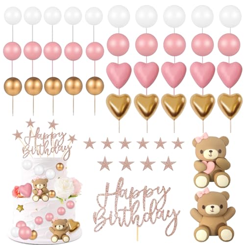 48 Stück Rosa Tortendeko Set, Mädchen Geburtstag Torten Deko, Happy Birthday Cake Topper, Teddybär Kuchen Dekoration für Hochzeit, Baby Shower und Geburtstag Party von YYSWSAKY