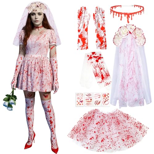 Halloween Kostüm Zombie Braut Halloween Outfit Damen Gruselig Blutige Zombie Braut Kostüm Horror Elegant Brautkleid mit Rosenschleier, Blut Handschuhe, Blutkette Halskette, Blut Tattoo, Blutsocken Halloween Kostüm Zombie Braut Halloween Outfit Damen Gruselig Blutige Zombie Braut Kostüm Horror Elegant Brautkleid mit Rosenschleier, Blut Handschuhe, Blutkette Halskette, Blut Tattoo, Blutsocken von YYSWSAKY