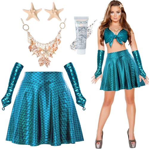 Meerjungfrau Kostüm Damen - Meerjungfrau Rock | 1 Paar Handschuhe Meerjungfrau | Seestern Shell Halskette | Body Glitter Gel | 2 Stücke Seestern Haarspangen, Karneval Kostüm Accessoires (Blau, L) von YYSWSAKY