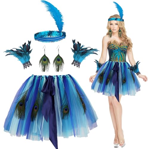 YYSWSAKY 4-teiliges Pfau Kostüm Damen - Blau Tüllrock mit 10 Pfauenfedern, 1 Paar Lange Pfauenohrringe, 1 Paar Feder Armbänder, Blau Pfau Haarband, Kostüm Set für Karneval Cosplay YYSWSAKY 4-teiliges Pfau Kostüm Damen - Blau Tüllrock mit 10 Pfauenfedern, 1 Paar Lange Pfauenohrringe, 1 Paar Feder Armbänder, Blau Pfau Haarband, Kostüm Set für Karneval Cosplay von YYSWSAKY