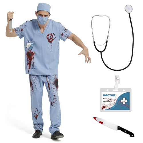 YYSWSAKY Halloween Zombie Arzt Kostüm Herren Zombie Doktor Kostüme Erwachsene Halloween Kostüm Horror Inklusive Doktorhut Arztmaske Oberteil Hose Arztausweis Stethoskop (Blau, L) von YYSWSAKY