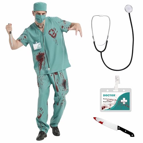 YYSWSAKY Halloween Zombie Arzt Kostüm Herren Zombie Doktor Kostüme Erwachsene Halloween Kostüm Horror Inklusive Doktorhut Arztmaske Oberteil Hose Arztausweis Stethoskop (Grün, M) von YYSWSAKY