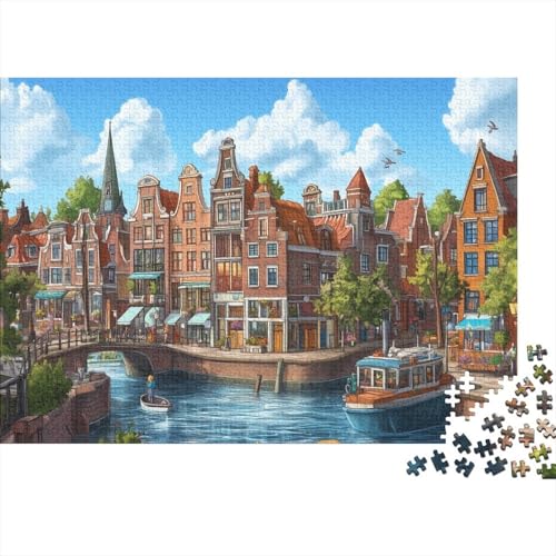Amsterdamer Kanal 1000-teilige Puzzles Für Erwachsene Städteansicht Herausforderungsspielzeug Holzpuzzles Lernspiel Spielzeug Geschenk Home-Dekoration 1000pcs (75x50cm) von YYVKPMLXC