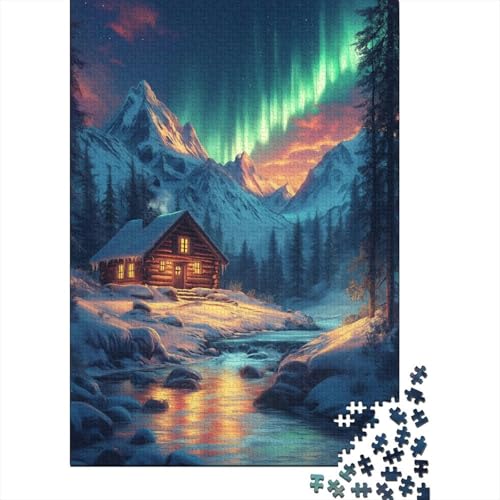 Bergblockhütte 1000-teilige Puzzles Für Erwachsene Nordlicht Landscape EIN Unmögliches Geschicklichkeitsspiel Holzpuzzles Familien-Puzzlespiel Home-Dekoration 1000pcs (75x50cm) von YYVKPMLXC
