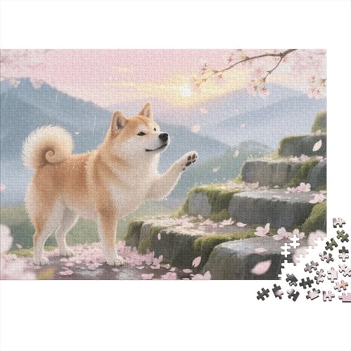 Puzzle Shiba Inu Hund Mit 1000 Teilen Für Erwachsene,Kirschblüten Regen Berg Szene EIN Unmögliches Geschicklichkeitsspiel Familien-Puzzlespiel Home-Dekoration 1000pcs (75x50cm) von YYVKPMLXC