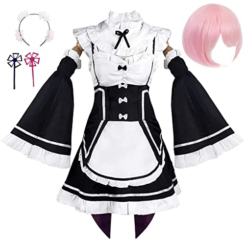 YZGAH Rem Ram Re Zero Cosplay-Kostüm für Damen, Anime-Uniform, Kleid mit Perücke, komplettes Set, Halloween-Party, (Ram, XS) von YZGAH
