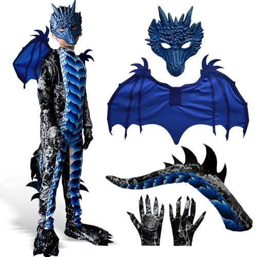 YZHFFHLF Drachen Kinder Kostüm Karneval Cosplay: Kind Jungen Drachenkostüm Drachenflügel und Maske - Halloween Drachen Kostüm Kinder Drachenanzug für Jungen Faschingskostüme (Blue, S) von YZHFFHLF