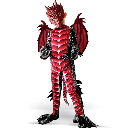 YZHFFHLF Drachen Kinder Kostüm Karneval Cosplay: Kind Jungen Drachenkostüm Drachenflügel und Maske - Halloween Drachen Kostüm Kinder Drachenanzug für Jungen Faschingskostüme (Red, S) von YZHFFHLF