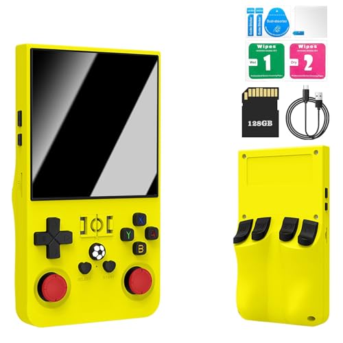 Retro Konsole Handheld R36 Max, 4-Zoll-IPS Retro Handheld Game Console, Retro Handheld Spielkonsole - 128 GB Speicher, über 40.000 Spiele, Linux-System, 4000-mAh-Akku, Tragbare Spielkonsole (Gelb) von YZOSTFON