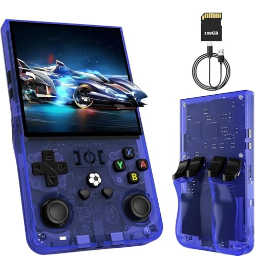 Retro Konsole Handheld R36 Max, 4-Zoll-IPS Retro Handheld Game Console, Retro Handheld Spielkonsole-128 GB Speicher, über 40.000 Spiele, Linux-System, 4000-mAh-Akku (Blau Transparent) von YZOSTFON
