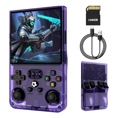 Retro Konsole Handheld R36 Max, 4-Zoll-IPS Retro Handheld Game Console, Retro Handheld Spielkonsole-128 GB Speicher, über 40.000 Spiele, Linux-System, 4000-mAh-Akku (Lila Transparent) von YZOSTFON