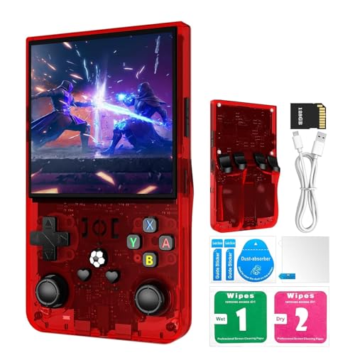 Retro Konsole Handheld R36 Max, 4-Zoll-IPS Retro Handheld Game Console, Retro Handheld Spielkonsole-128 GB Speicher, über 40.000 Spiele, Linux-System, 4000-mAh-Akku (Rot transparent) von YZOSTFON