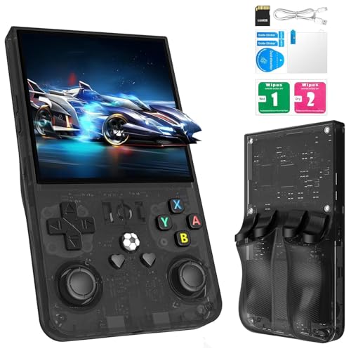 Retro Konsole Handheld R36 Max, 4-Zoll-IPS Retro Handheld Game Console, Retro Handheld Spielkonsole-128 GB Speicher, über 40.000 Spiele, Linux-System, 4000-mAh-Akku (Schwarz Transparent) von YZOSTFON