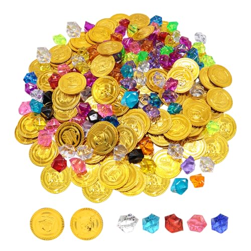 YZROHYI 200 Goldmünzen Piratenschatz Kindergeburtstag,Goldmünzen Schatzsuche,Piraten Edelsteine,Piraten Münzen Kinder,Spielmünzen Gold Coins,Goldstücke Deko Mit 100 Goldmünzens Und 100 Edelsteine von YZROHYI