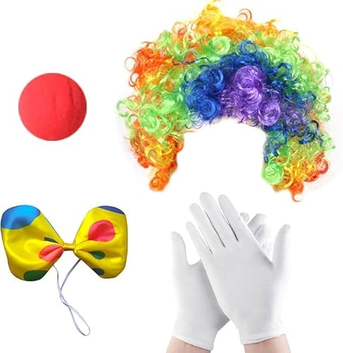 YZZT 4-teiliges Clown-Kostüm-Set, lustiges Set mit Regenbogen-Perücke, Nase, Fliege, weißen Handschuhen für Halloween, Party, Cosplay, Karneval, Zirkus-Show, Clown-Kostüm, Zubehör, Kinder YZZT 4-teiliges Clown-Kostüm-Set, lustiges Set mit Regenbogen-Perücke, Nase, Fliege, weißen Handschuhen für Halloween, Party, Cosplay, Karneval, Zirkus-Show, Clown-Kostüm, Zubehör, Kinder von YZZT