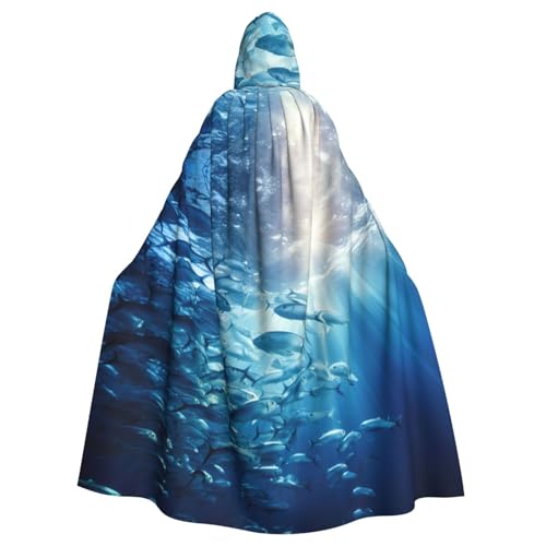 YaWea Blauer Ozean-Umhang mit Unterwasserfisch-3-Druck, Unisex, mit Kapuze, leichter Zauberer-Umhang, für Halloween, Cosplay-Kostüme von YaWea