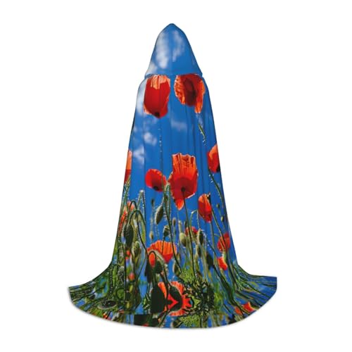 YaWea Renaissance-Umhang mit Mohnblumen auf blauem Himmel, für Damen und Herren, Erwachsenen-Umhang, mittelalterlicher Umhang, Wikingerumhang, Zauberer-Bademantel mit Kapuze von YaWea