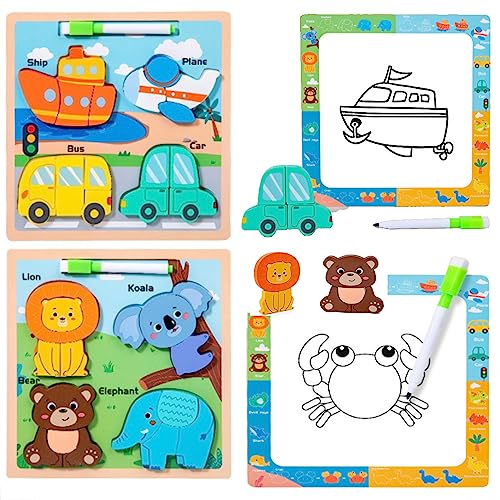 YaYiBo Montessori Spielzeug ab 2 3 4 5 Jahre, 2 in 1 Holz Zeichenbrett Kinder,Lernendes Pädagogisches Holzpuzzle-Spielzeug für Kinder, Jungen und Mädchen,2 Set-Pack (muliticolor) von YaYiBo