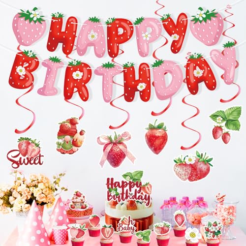 She's The Cherry On Top Banner Folie Wirbel Babyparty-Dekor Kirschthema Junggesellinnenabschied Brautparty Geburtstag Party Obst Dekorationen für Mädchen Frauen (Erdbeerbanner & Spiralen) von YaYuanSun